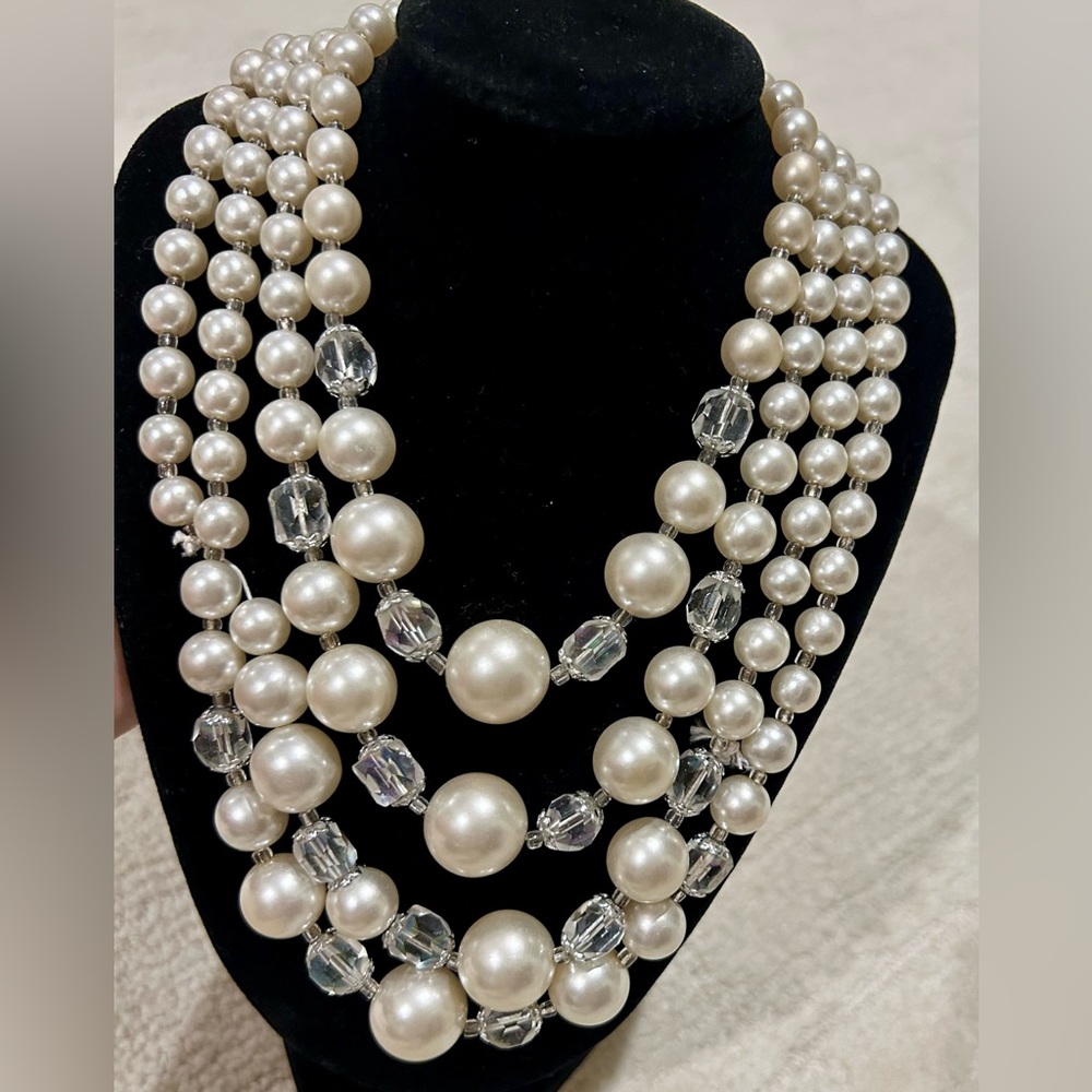 Chunky Multi Strand Faux Pearl Statement Necklace (Vtg)